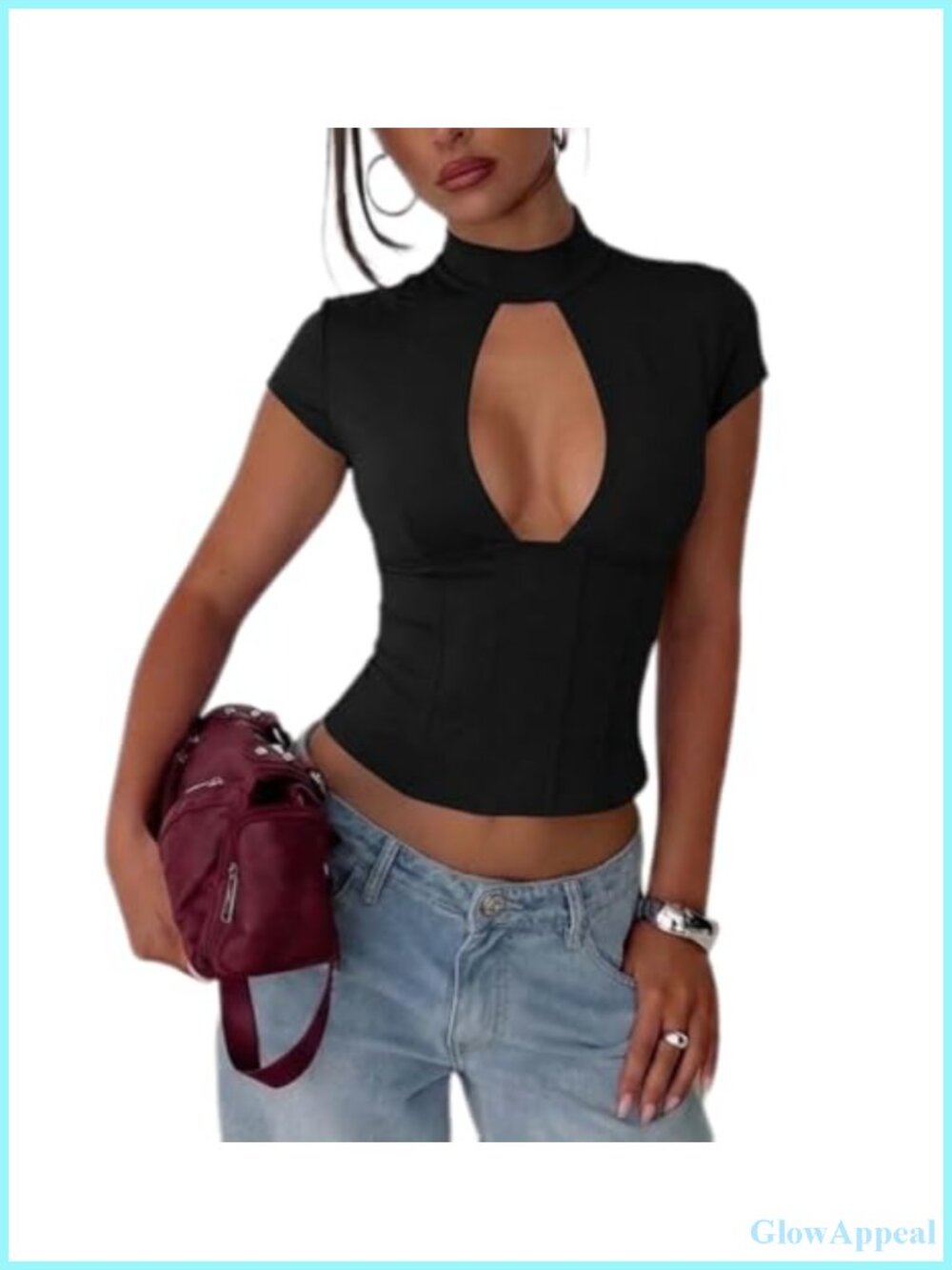 Mock Neck Cut Out Backless Crop Top Short Sleeve Going Out Top